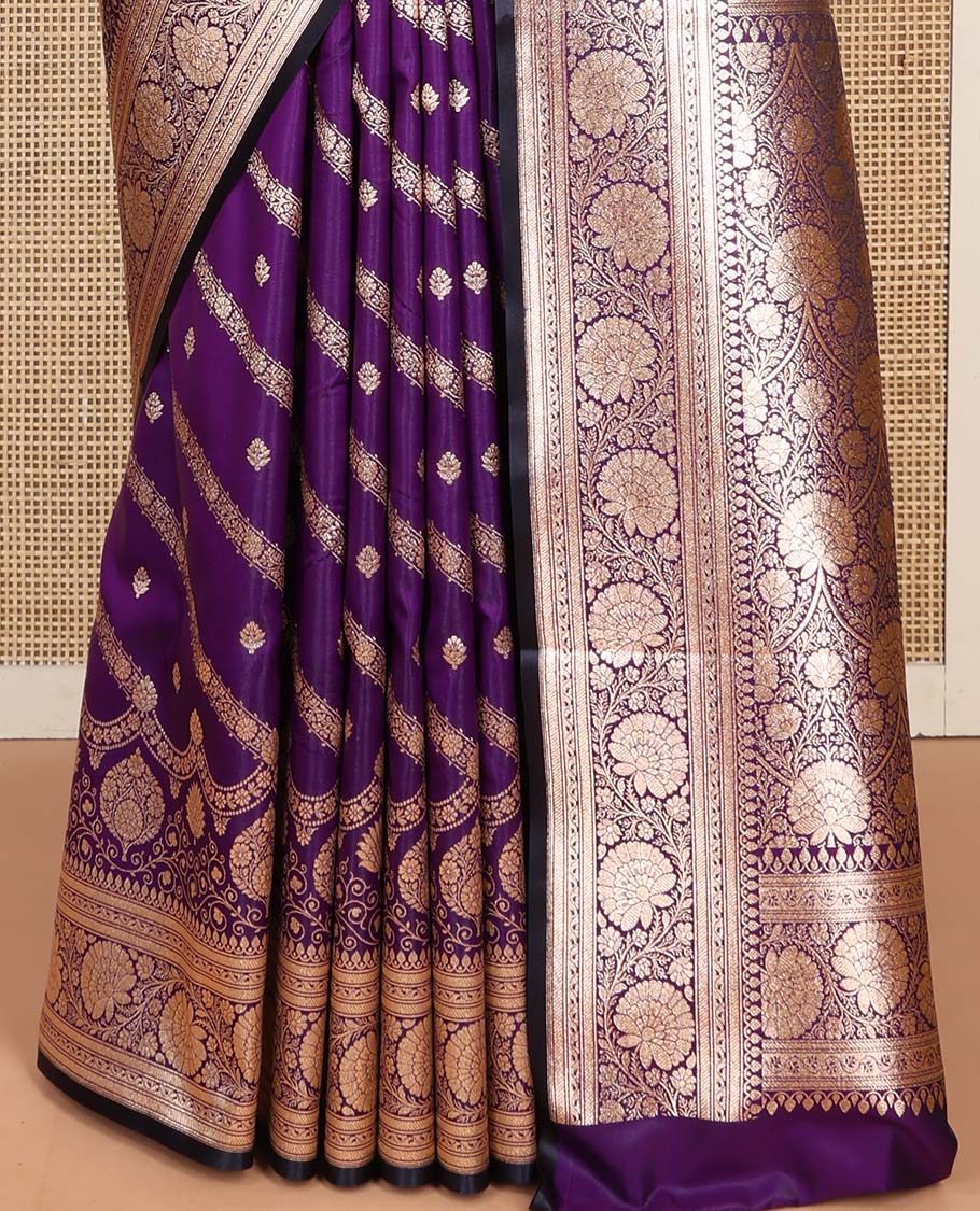 Violet Semi-Banaras Saree, Opulently Embellished with Buttas and Diagonal Stripes All Over Its Body, Highlighted by a Floral Creeper Design Border, Intricately Designed Pallu, and Paired with a Matching Blouse