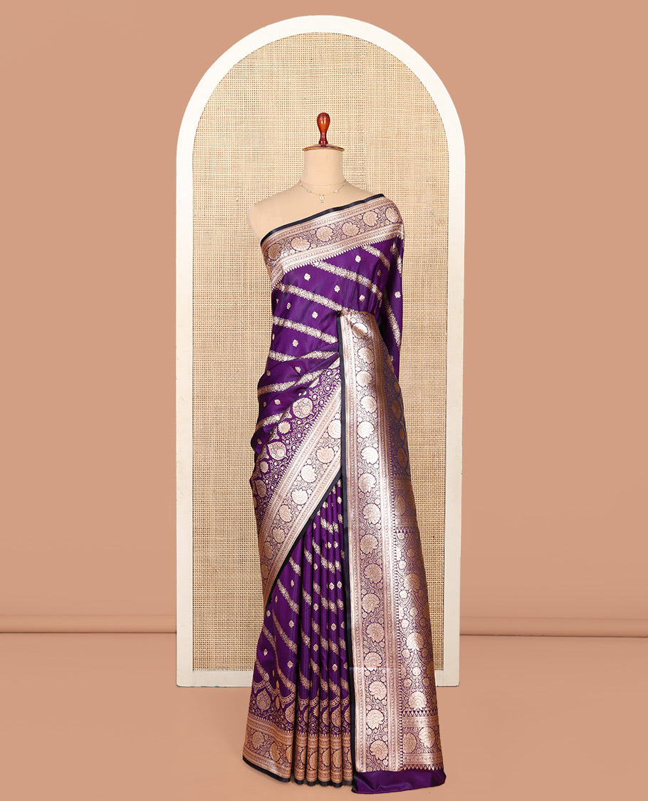 Violet Semi-Banaras Saree, Opulently Embellished with Buttas and Diagonal Stripes All Over Its Body, Highlighted by a Floral Creeper Design Border, Intricately Designed Pallu, and Paired with a Matching Blouse