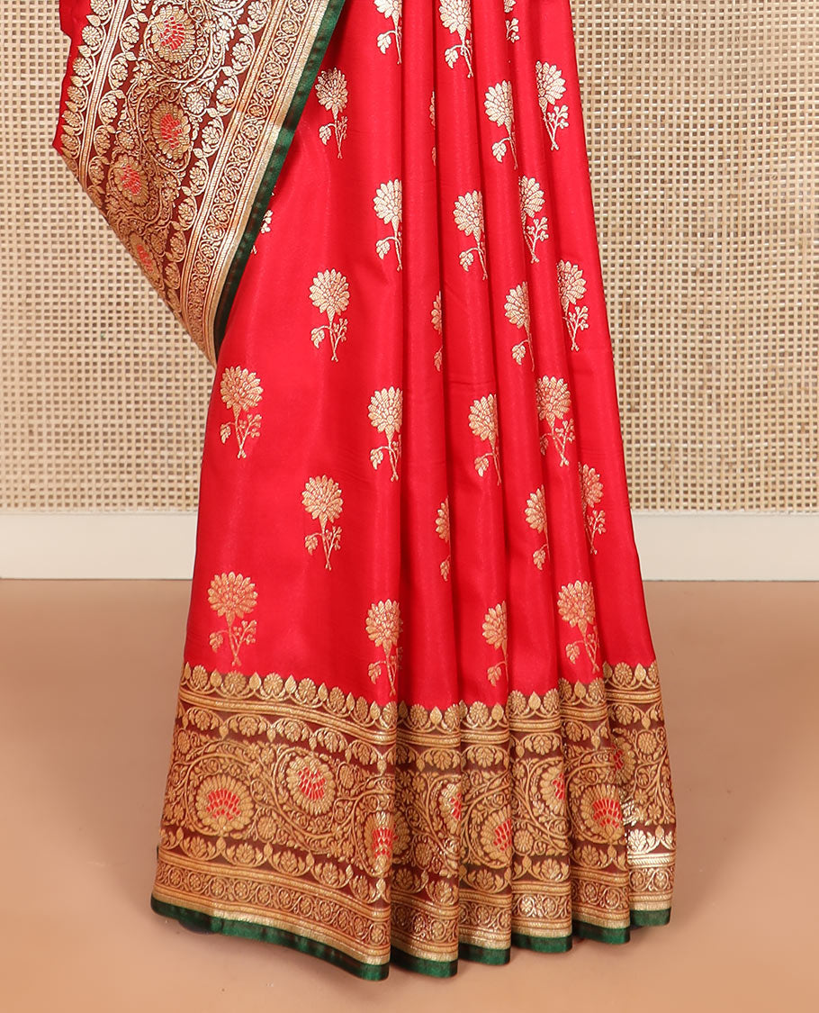 Red floral buttas banarasi silk saree, contrast floral creeper design border, and Mughal-style designs woven pallu