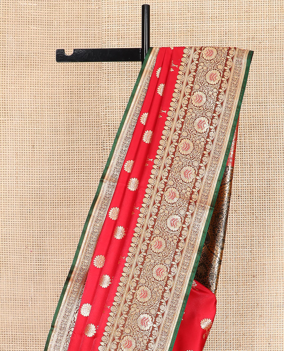 Red floral buttas banarasi silk saree, contrast floral creeper design border, and Mughal-style designs woven pallu