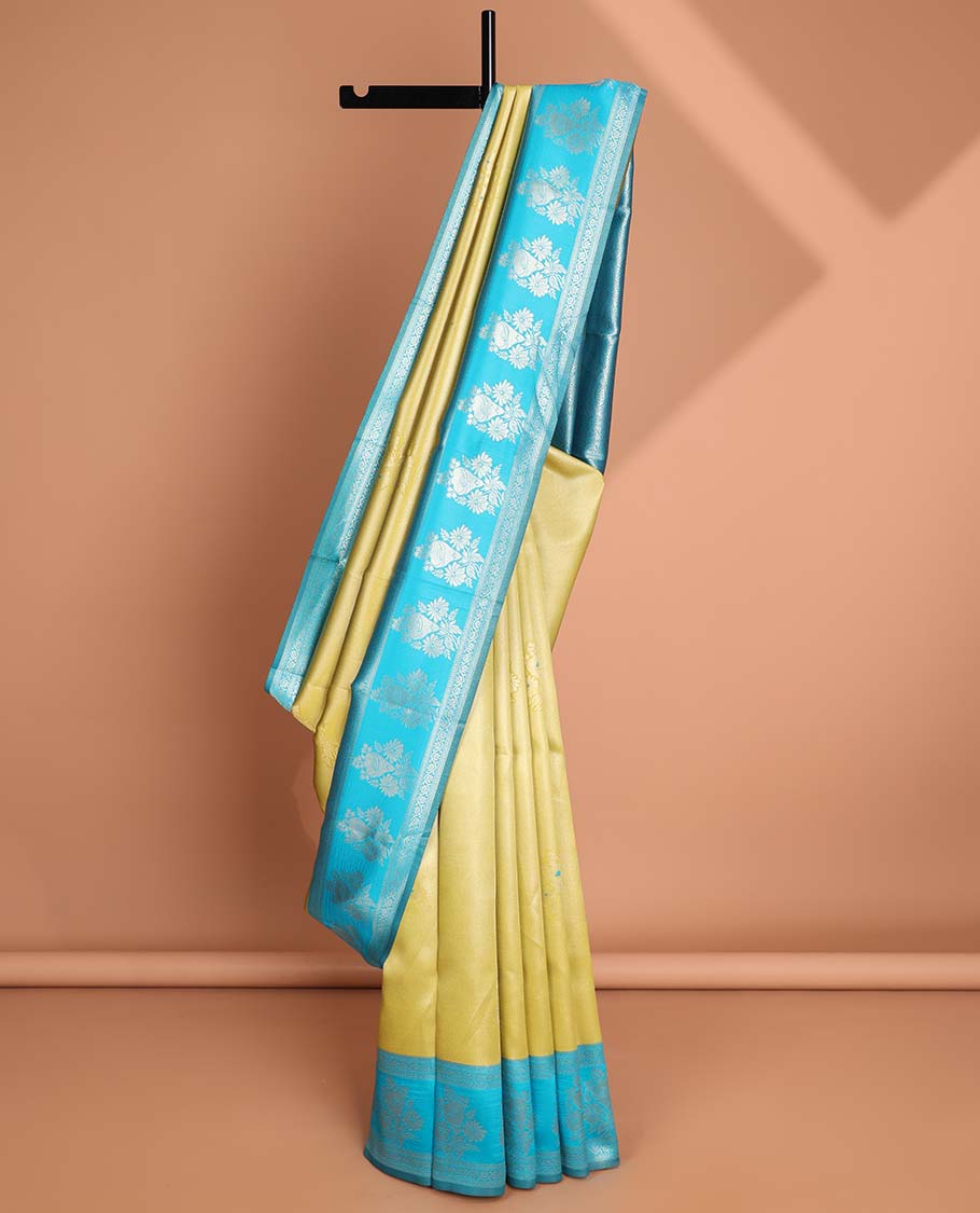 Sandal floral litchi silk saree with contrast floral zari design border & jaal design pallu