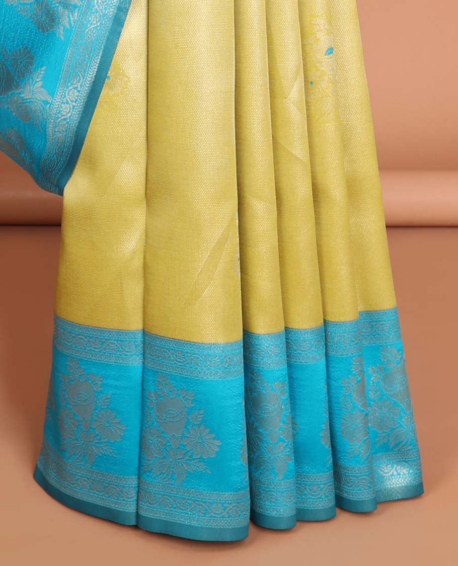 Sandal floral litchi silk saree with contrast floral zari design border & jaal design pallu