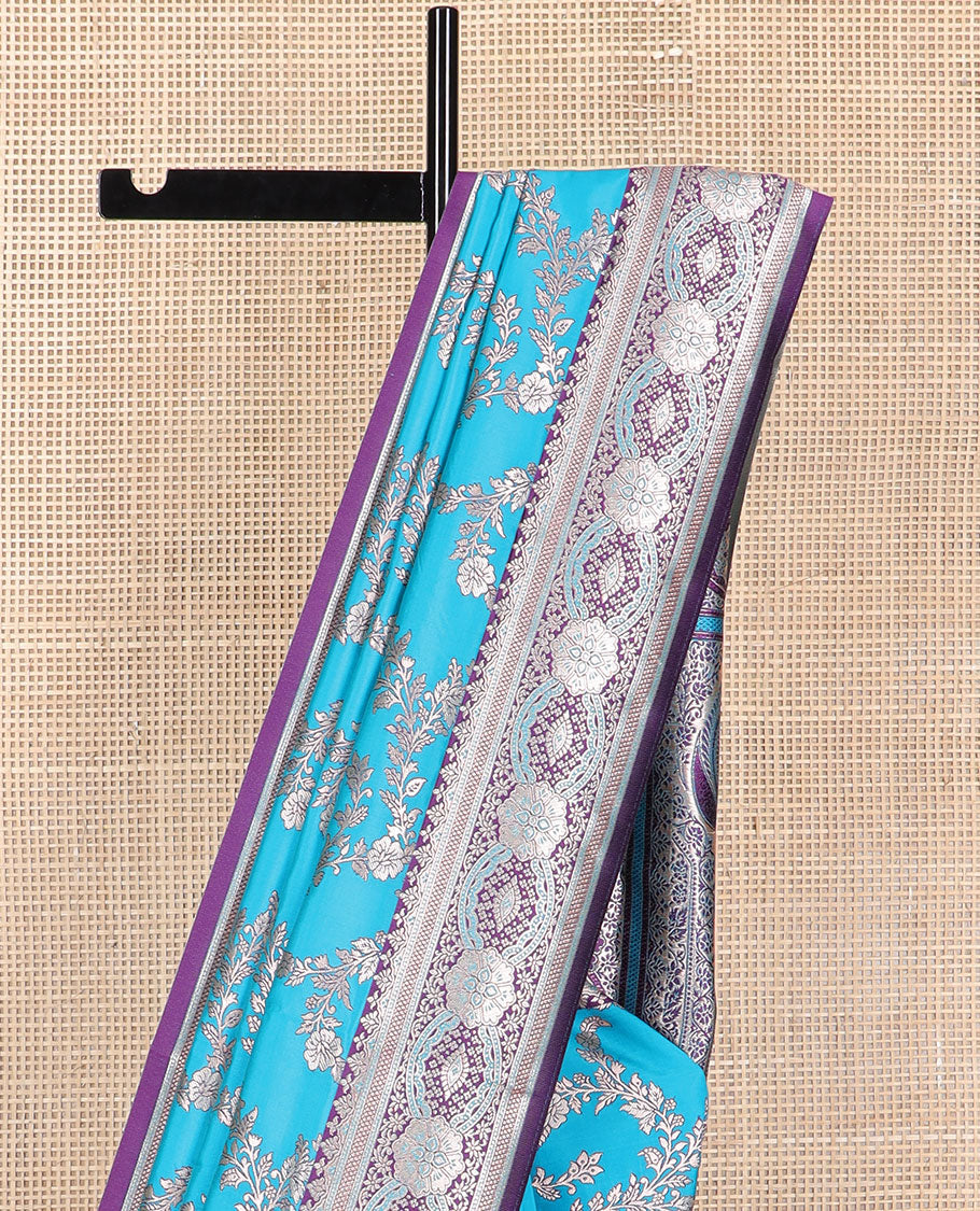Sky blue floral jaal design butter silk saree with contrast intricate zari design border & floral design pallu