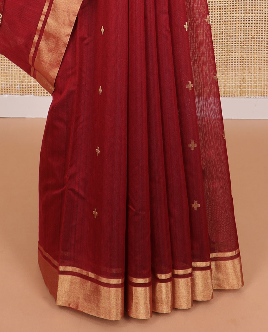 Brown geometric design chanderi cotton saree with self zari border & geometric design pallu