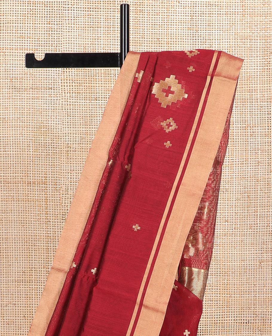 Brown geometric design chanderi cotton saree with self zari border & geometric design pallu