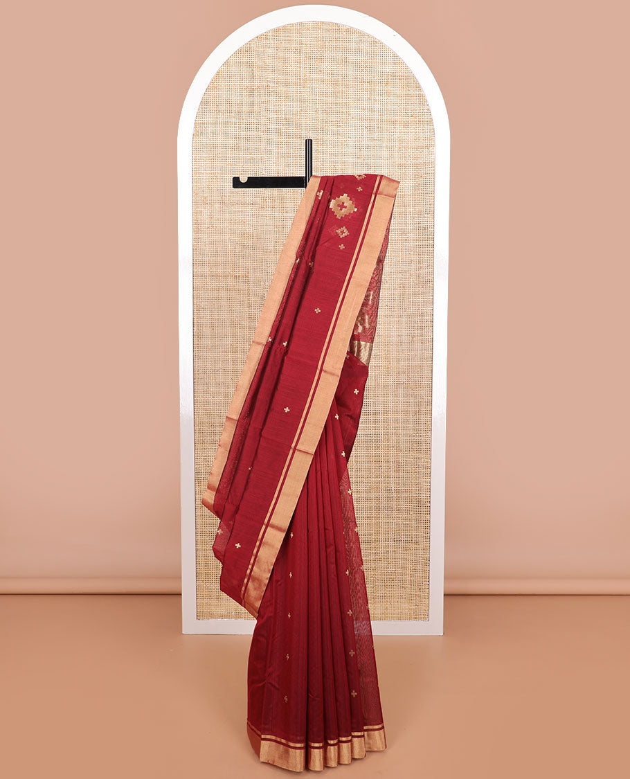 Brown geometric design chanderi cotton saree with self zari border & geometric design pallu