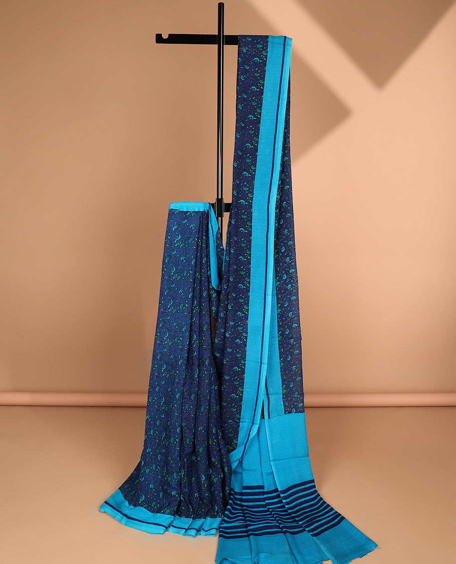 Blue floral vine printed semi banaras crepe saree, contrast chevron striped border & pallu of stripes