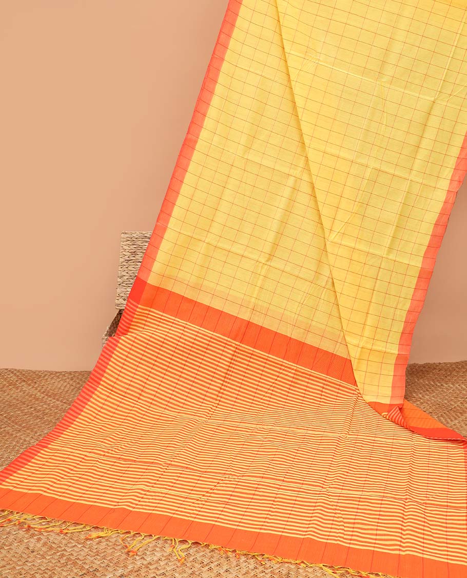 Yellow checked mangalagiri cotton saree contrast striped design border & checked pallu