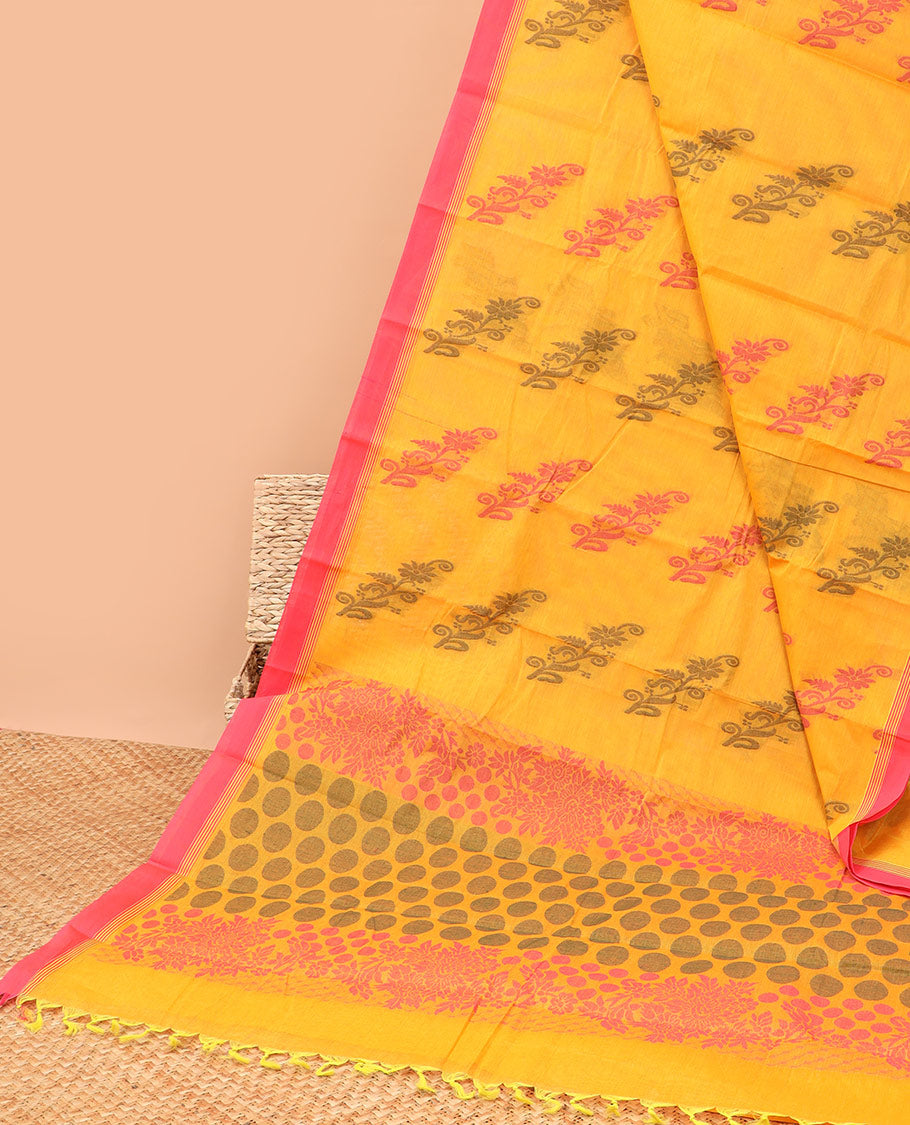 Yellow floral motifs kanchi cotton saree with contrast border & floral design pallu