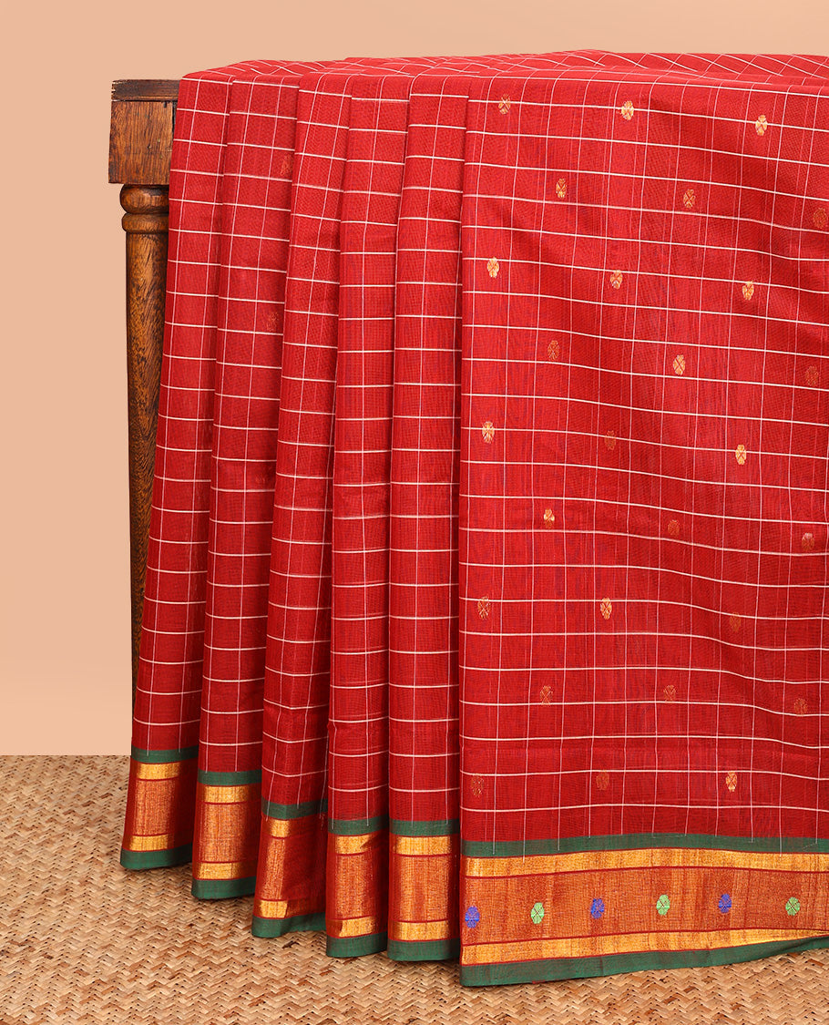 Red Venkatagiri Cotton Saree, Finely Crafted with Buttas and Checks on Its Body, Complemented by a Contrast Thread and Zari Border, Zari-Striped Pallu, and Comes Without a Blouse