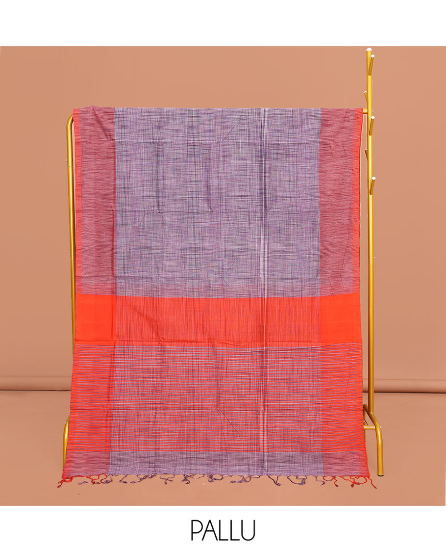 Violet Heathered Textured Mangalgiri Cotton Saree, Complemented by Contrast Border, Striped Pallu, and Paired with a Contrast Blouse
