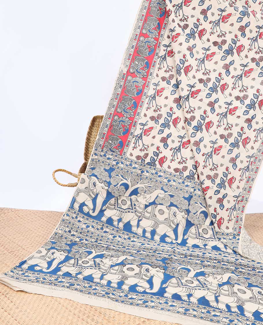 Cream bird motifs machine-printed kalamkari cotton saree, contrast peacock border & pallu of elephant motifs
