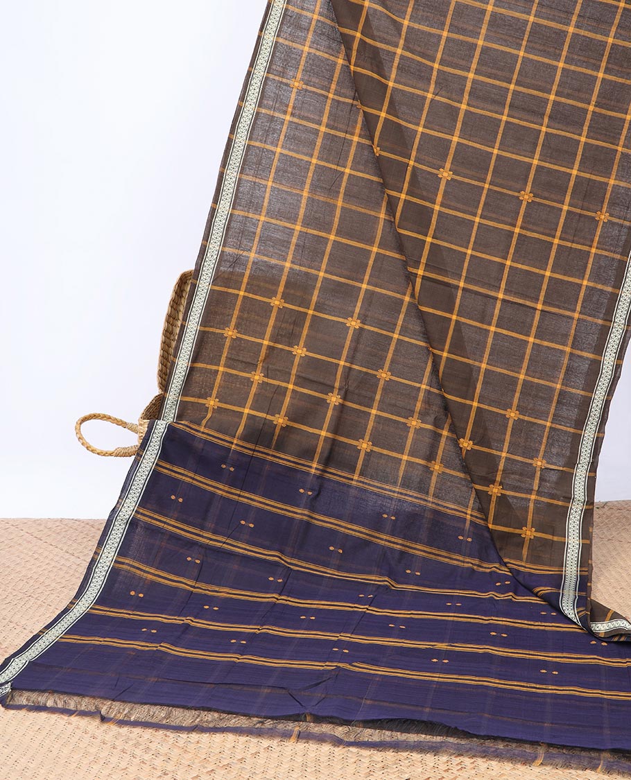 Brown Checked Andhra cotton saree, unique design border & contrast striped pallu