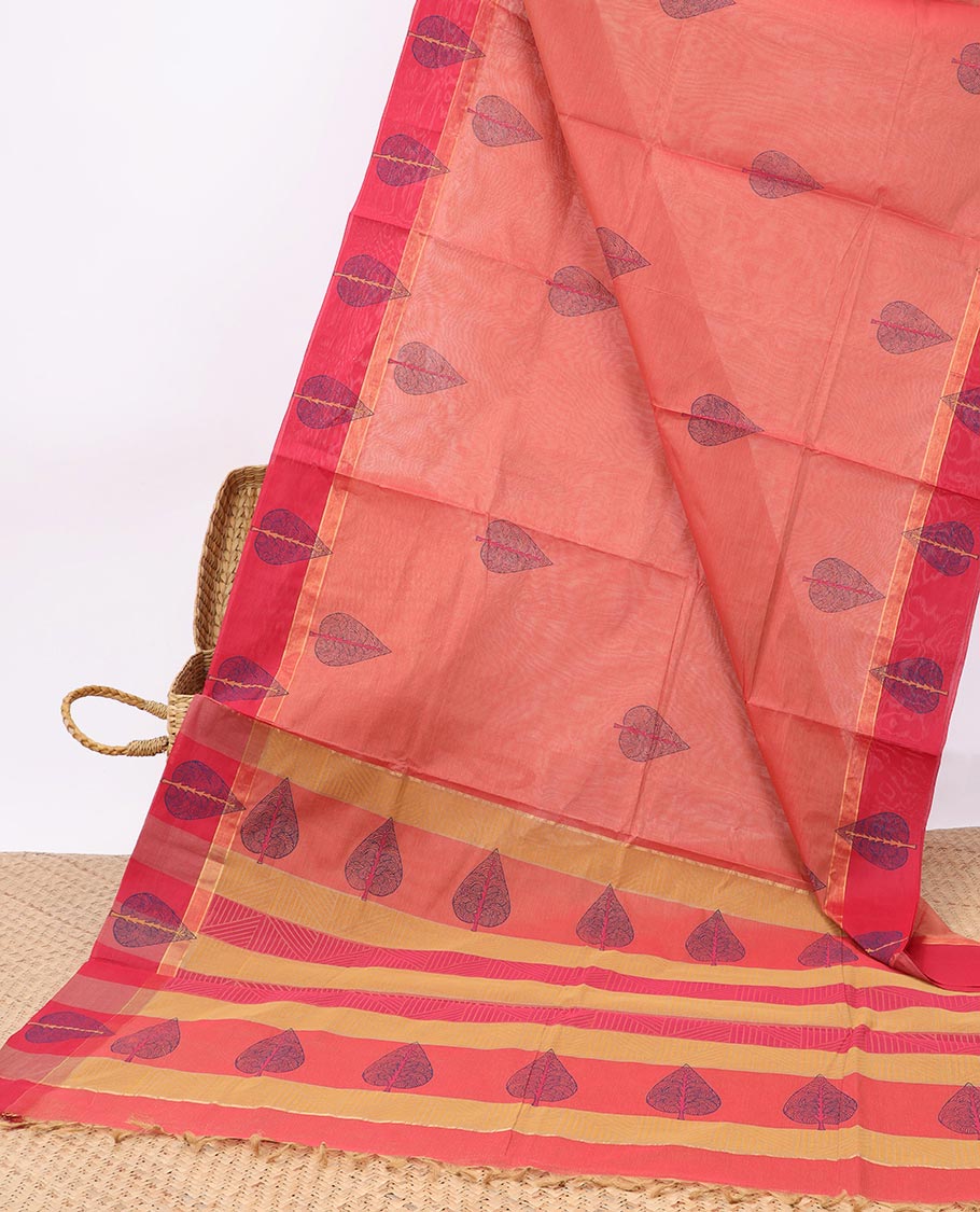 Peach leaf buttas Coimbatore cotton saree, contrast leaf butta border & pallu features leaf designs
