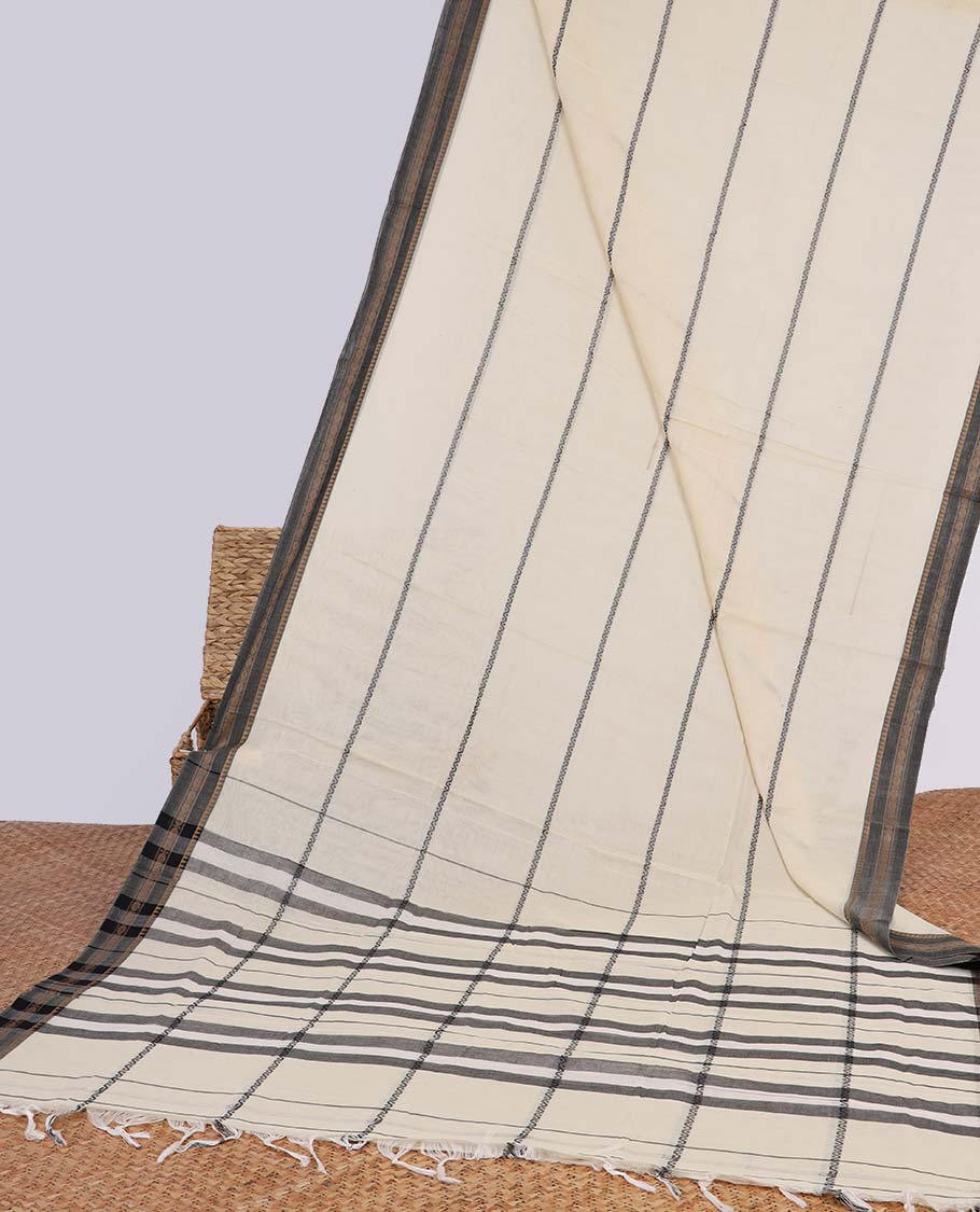 White striped design narayanapet cotton saree with contrast zari design border & checked pallu