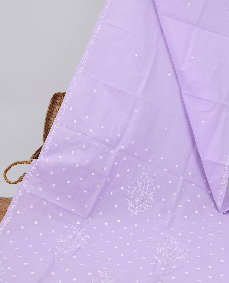 Lavender flower embroidery lucknowi chikankari cotton saree scallop design border & floral embroidered pallu