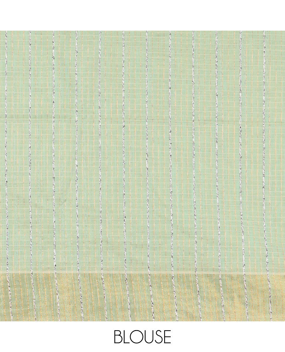 Green sparsely striped jute cotton saree, zari border, and striped pallu