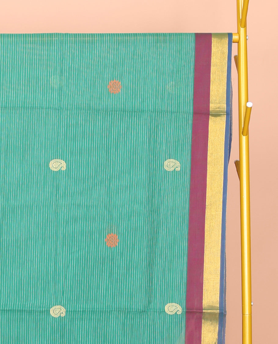 Green Venkatagiri Cotton Saree Sparsely Threaded with Paisley Buttas and Stripes, a Contrast Traditional Zari Border, Pallu of Buttas and Stripes, and No Blouse