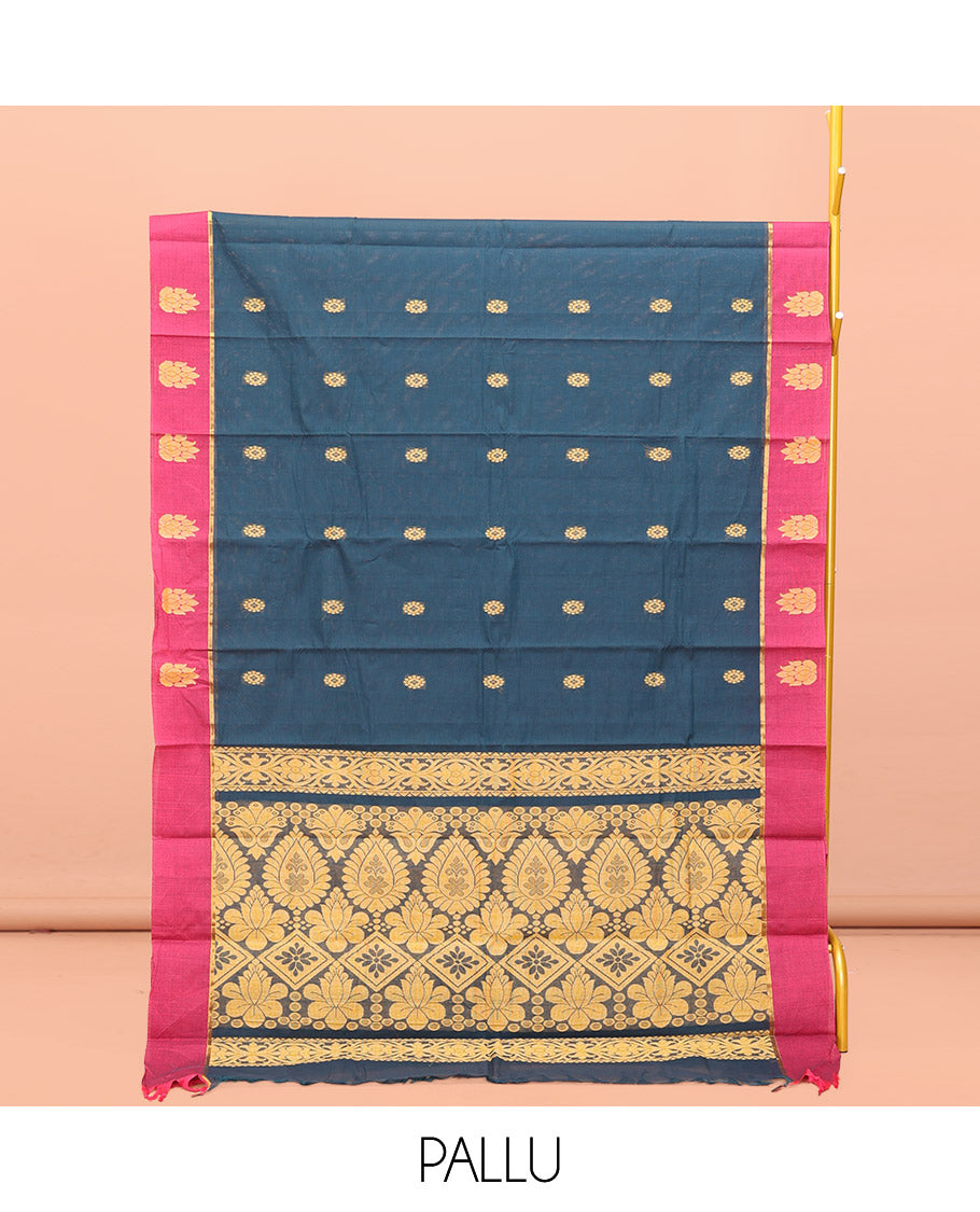 Blue Kanchi Cotton Saree, Adorned with Buttas All Over Its Body, Complemented by Contrast Border, Intricately Thread-Designed Pallu, and Paired with a Matching Blouse