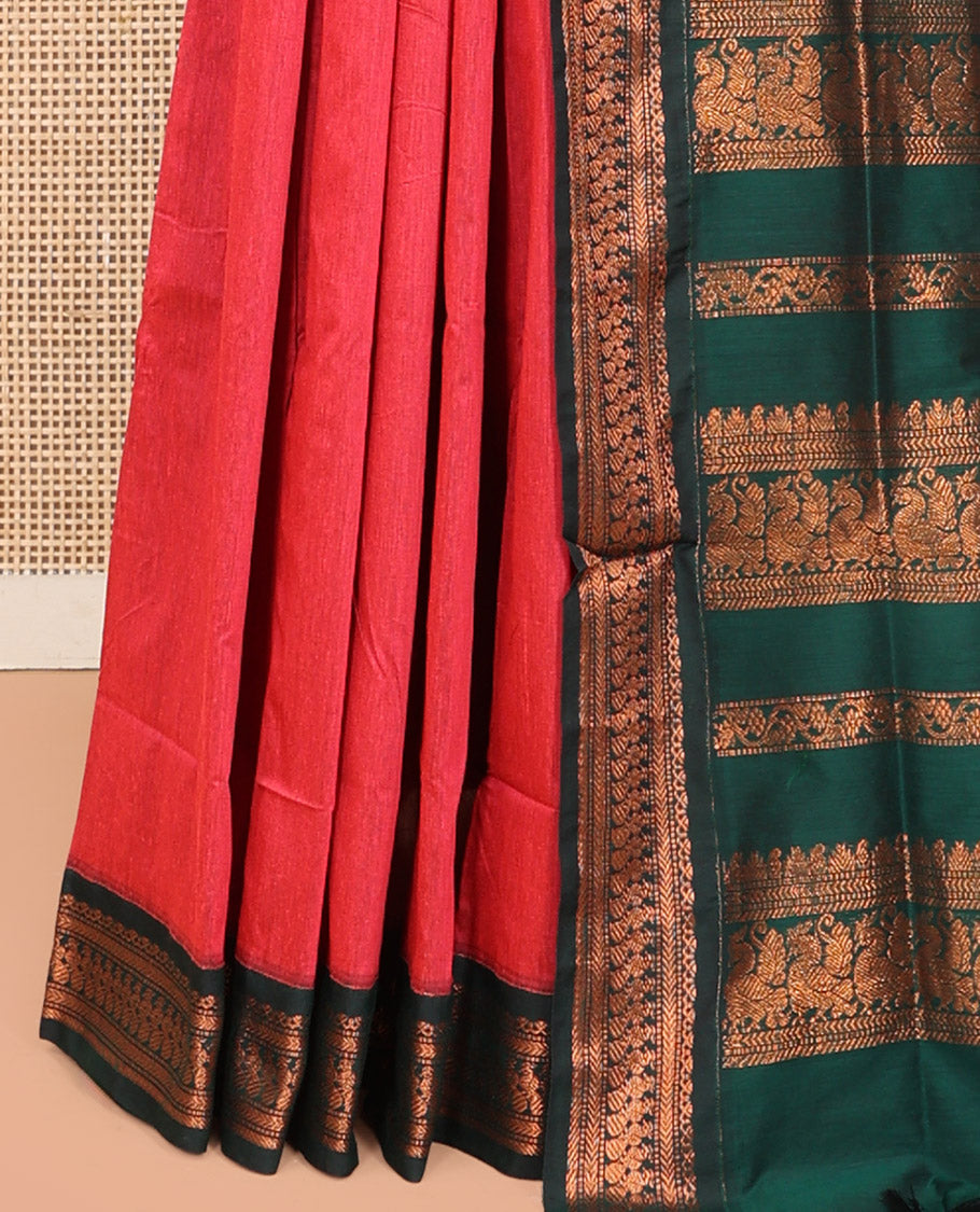 Pink Kalyani Cotton Saree, Woven with Thread Buttas, Complemented by a Contrast Traditional Border, Traditional Pallu, and a Contrast Blouse