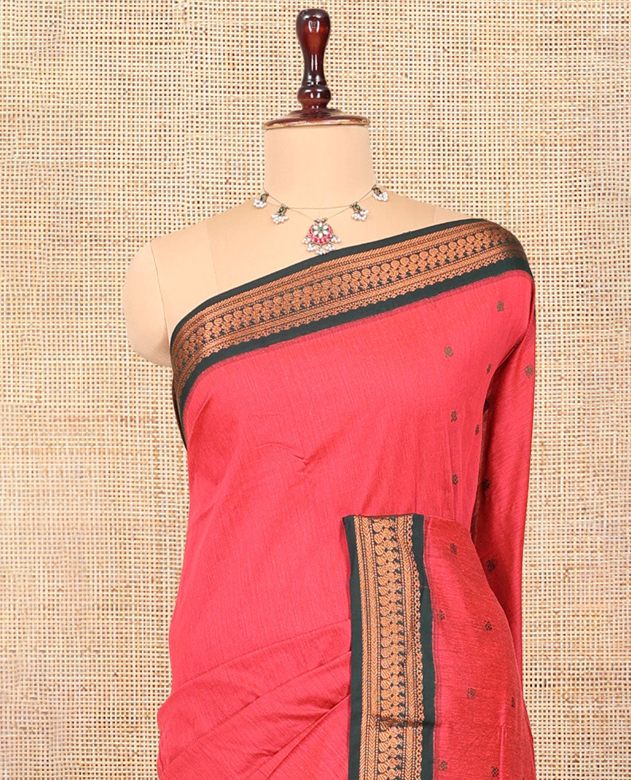 Pink Kalyani Cotton Saree, Woven with Thread Buttas, Complemented by a Contrast Traditional Border, Traditional Pallu, and a Contrast Blouse