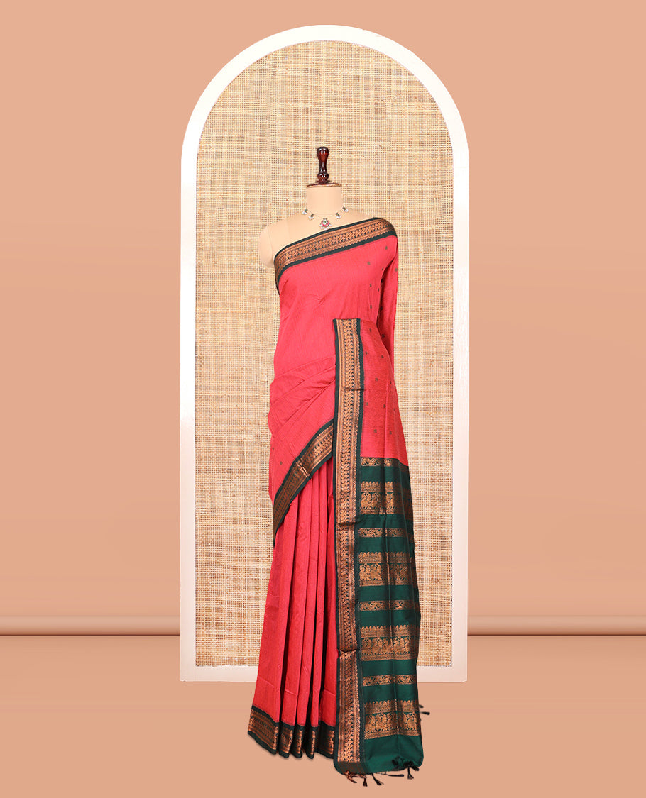 Pink Kalyani Cotton Saree, Woven with Thread Buttas, Complemented by a Contrast Traditional Border, Traditional Pallu, and a Contrast Blouse