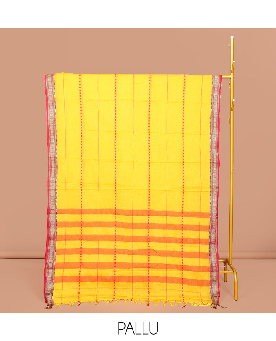 Yellow Narayanpet Cotton Saree, Adorned with Stripes, Complemented by a Contrast Temple Traditional Zari Design Border, Striped Pallu, and Comes Without a Blouse