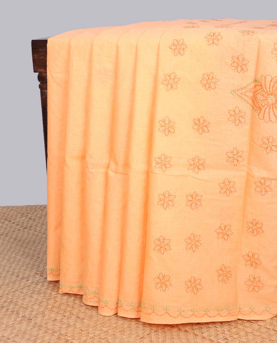 Orange floral embroidery lucknowi chikankari cotton saree,self scallop design border & pallu of floral embroidery