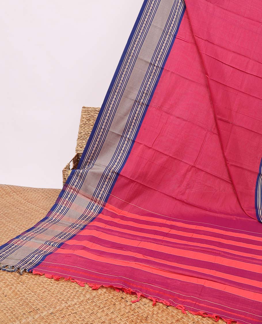 Pink narayanapet cotton saree with contrast intricate zari design border & striped pallu