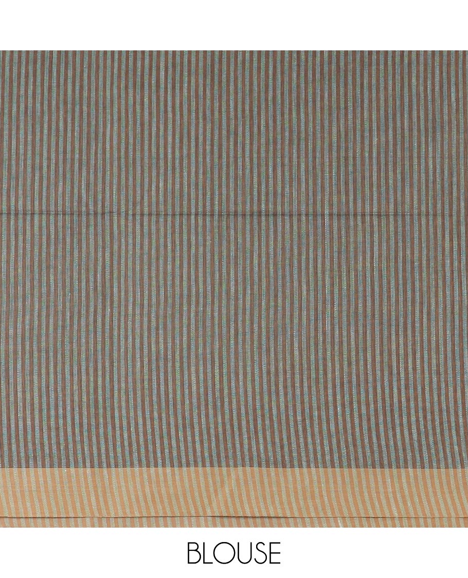 Brown vertical striped jute cotton saree, Contrast striped border and striped pallu