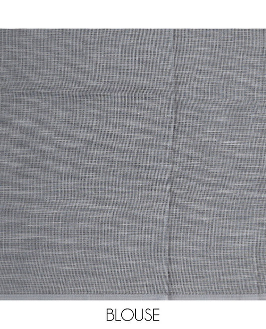 Grey square buttas woven cotton saree, contrast plain border and pallu features a pink flower with stem motifs