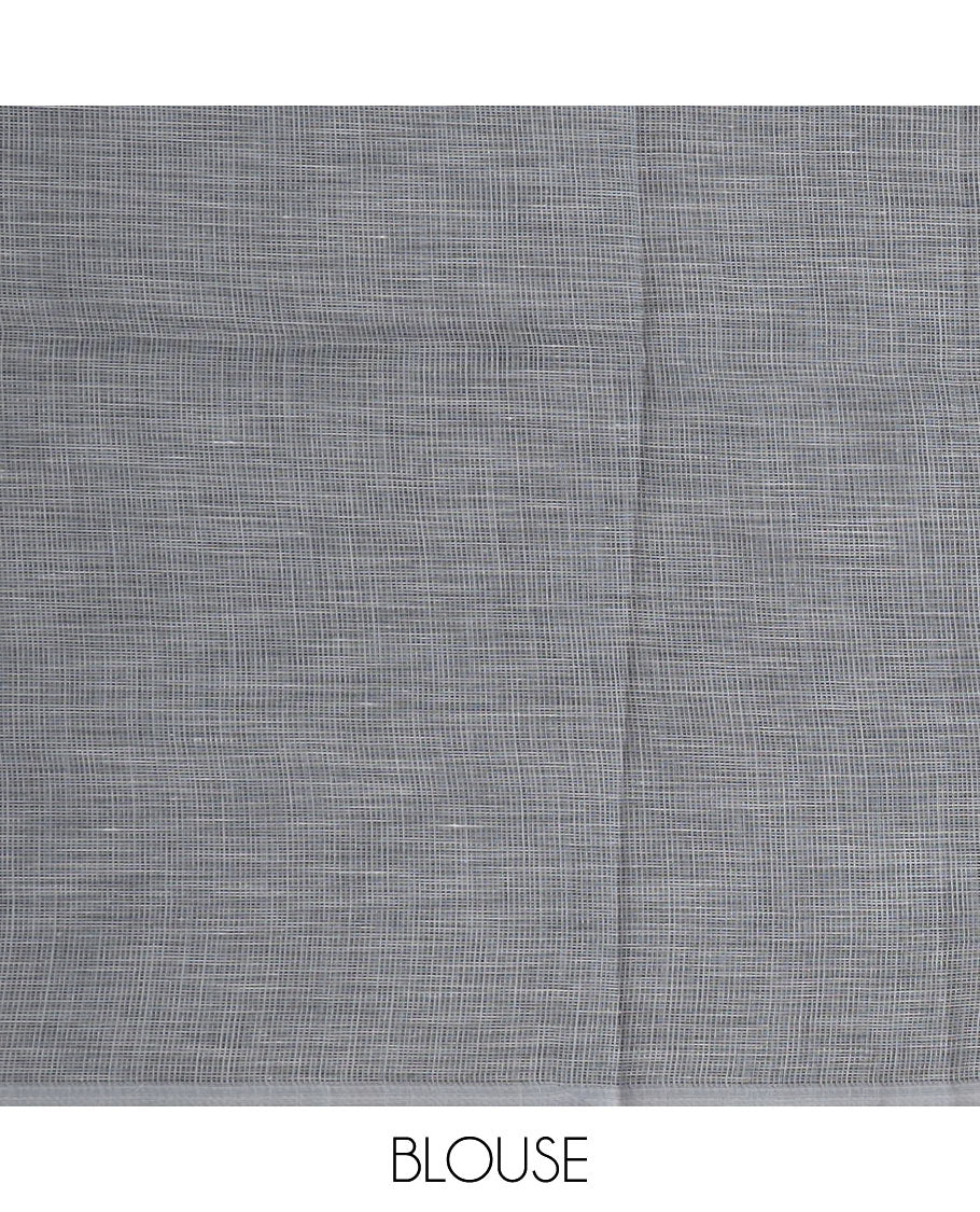 Grey square buttas woven cotton saree, contrast plain border and pallu features a pink flower with stem motifs