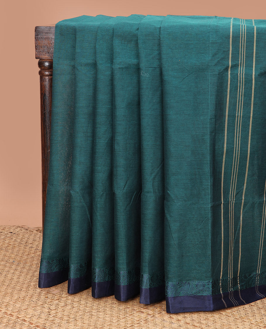 Peacock blue plain Bengal cotton saree, contrast satin plain border, and striped pallu