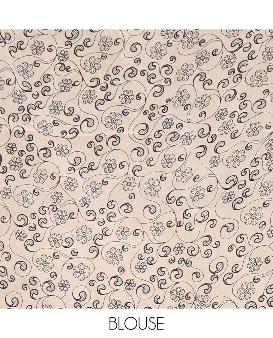 Green floral vine machine printed kalamkari cotton saree, contrast floral creeper border, and pallu of peacock, and floral vine print