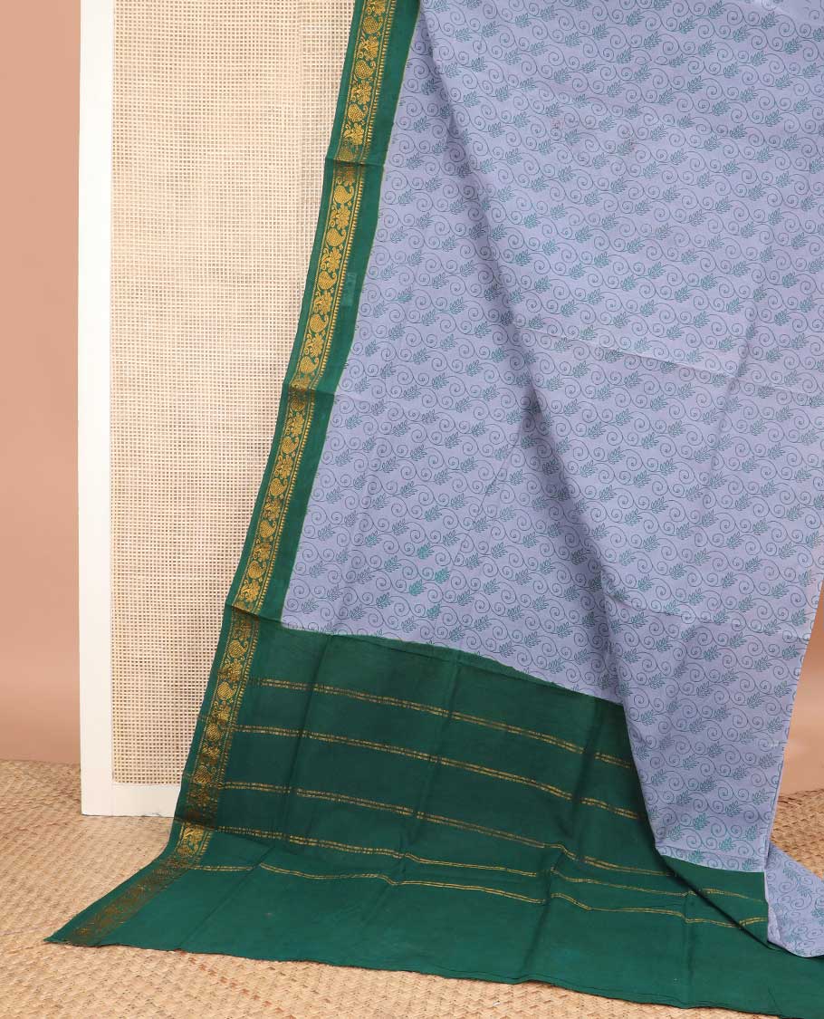 Grey floral vine printed sungudi cotton saree, contrast traditional border, and zari striped pallu
