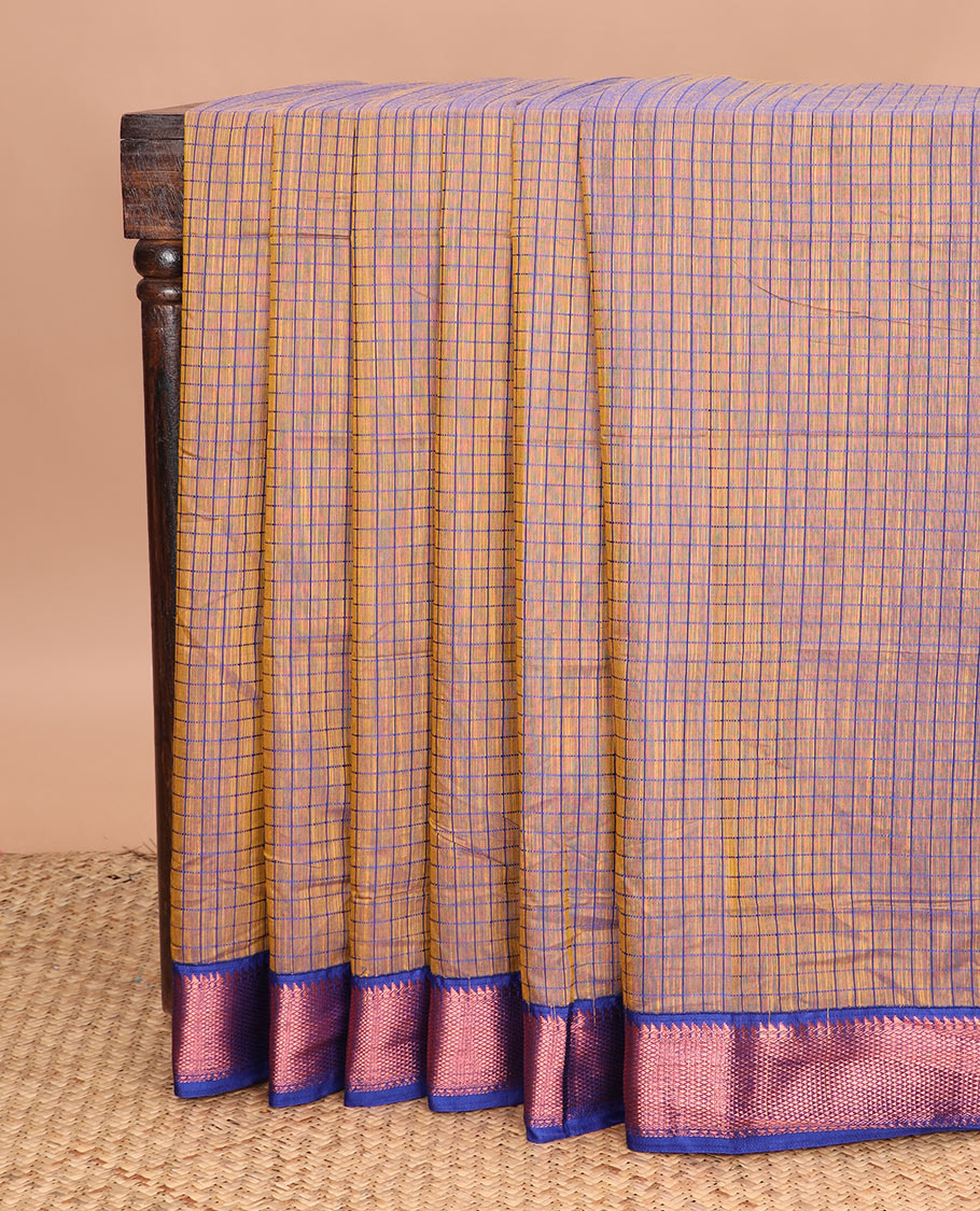 Orange dual-tone micro checked chirala cotton saree, contrast traditional zari border, and zari design pallu