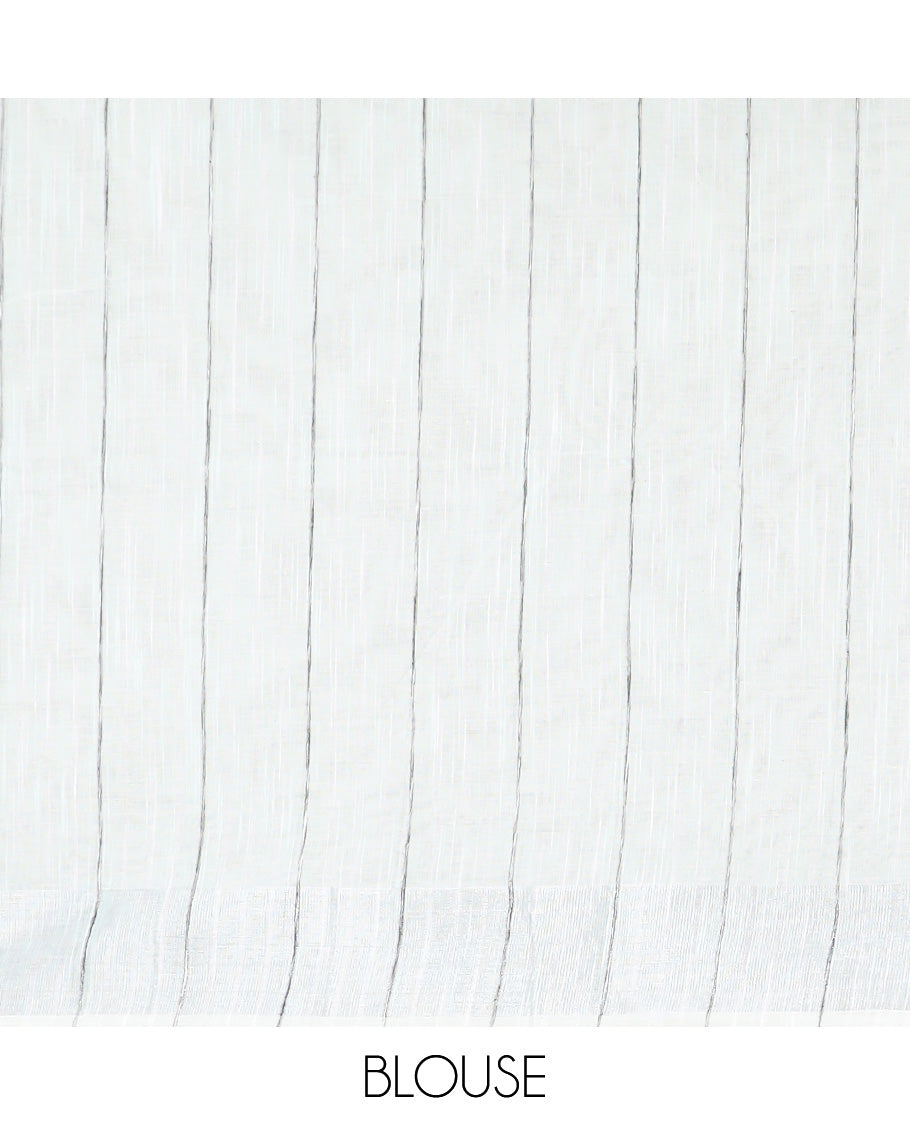 Cream hand brushing style colorful floral printed jute cotton saree, zari with printed border, and striped pallu