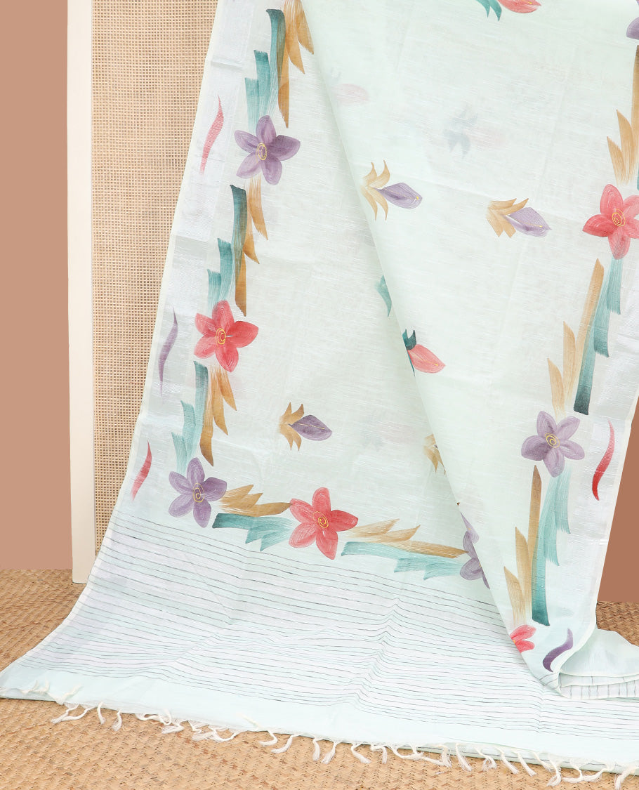 Cream hand brushing style colorful floral printed jute cotton saree, zari with printed border, and striped pallu