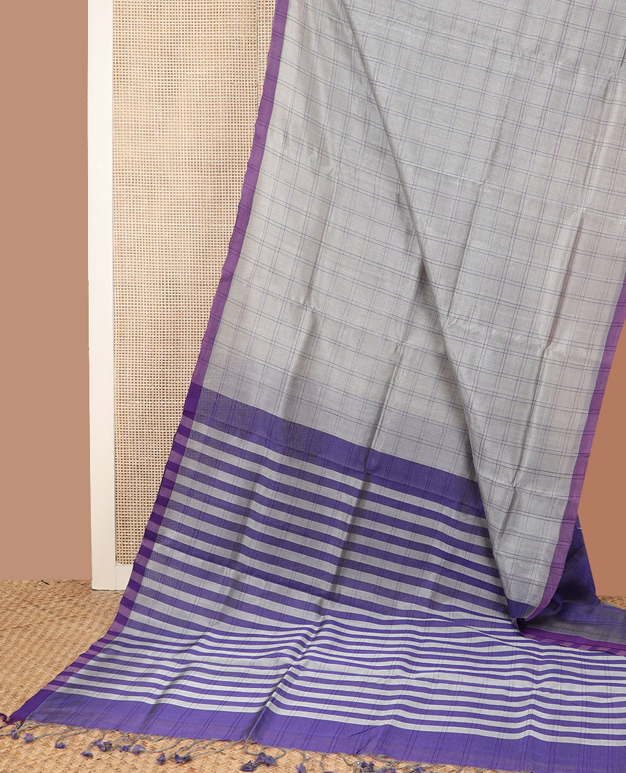 Grey checked Mangalagiri Cotton saree, contrast border, and striped pallu