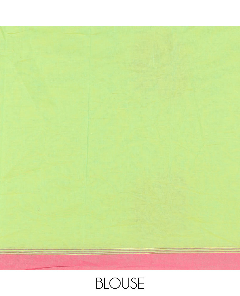 Neon green peacock buttas kanchi cotton saree, contrast plain border, and floral potted pallu