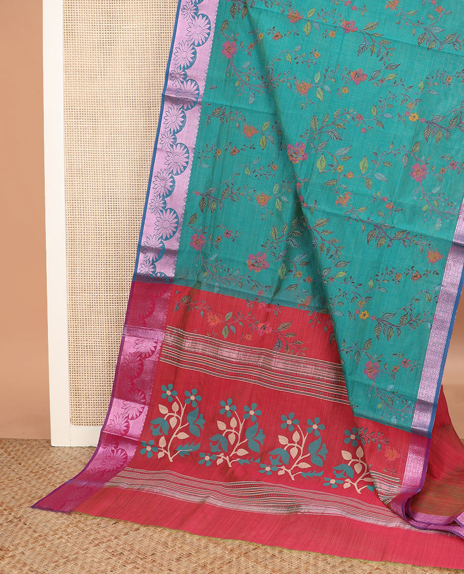 Blue floral vine printed Andhra cotton saree, contrast floral rose copper zari border, and pallu of floral designs
