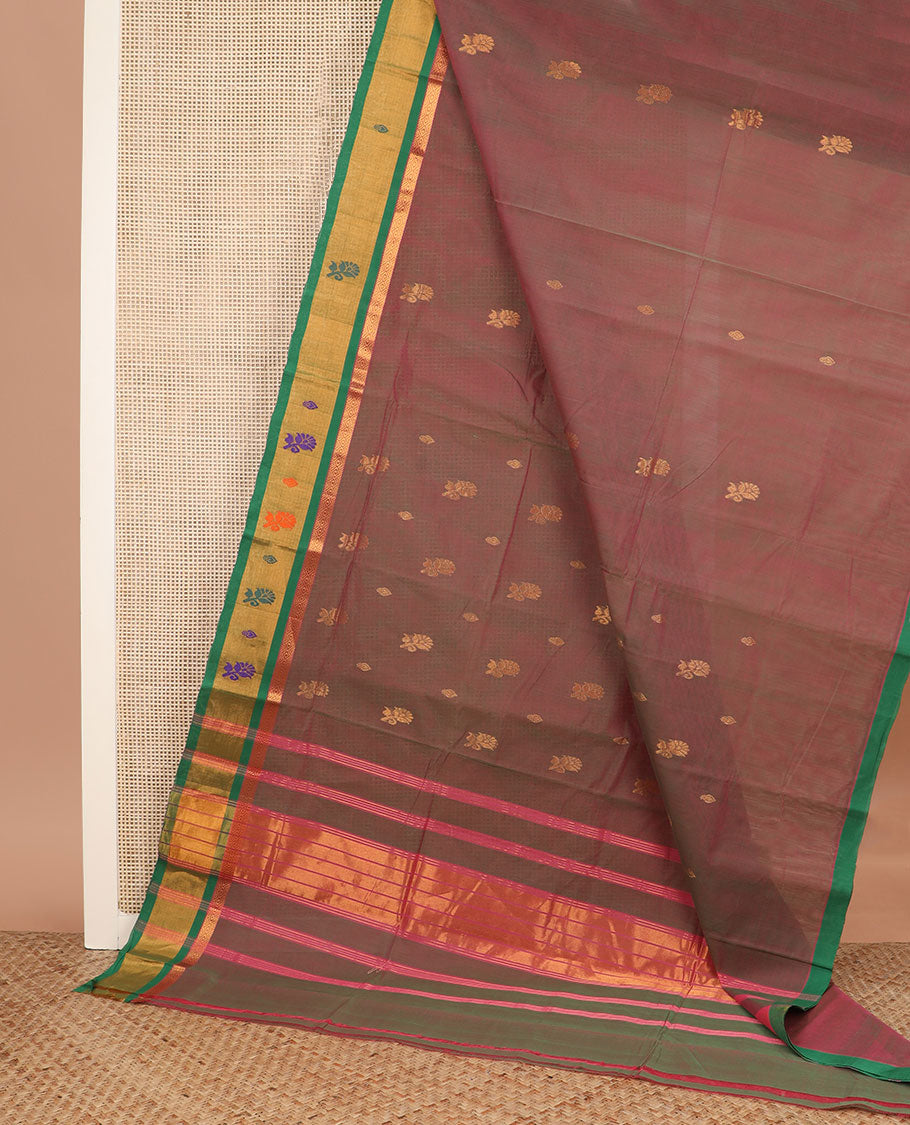Light maroon dual-toned zari buttas Venkatagiri cotton saree, contrast zari and thread work border, and zari striped pallu