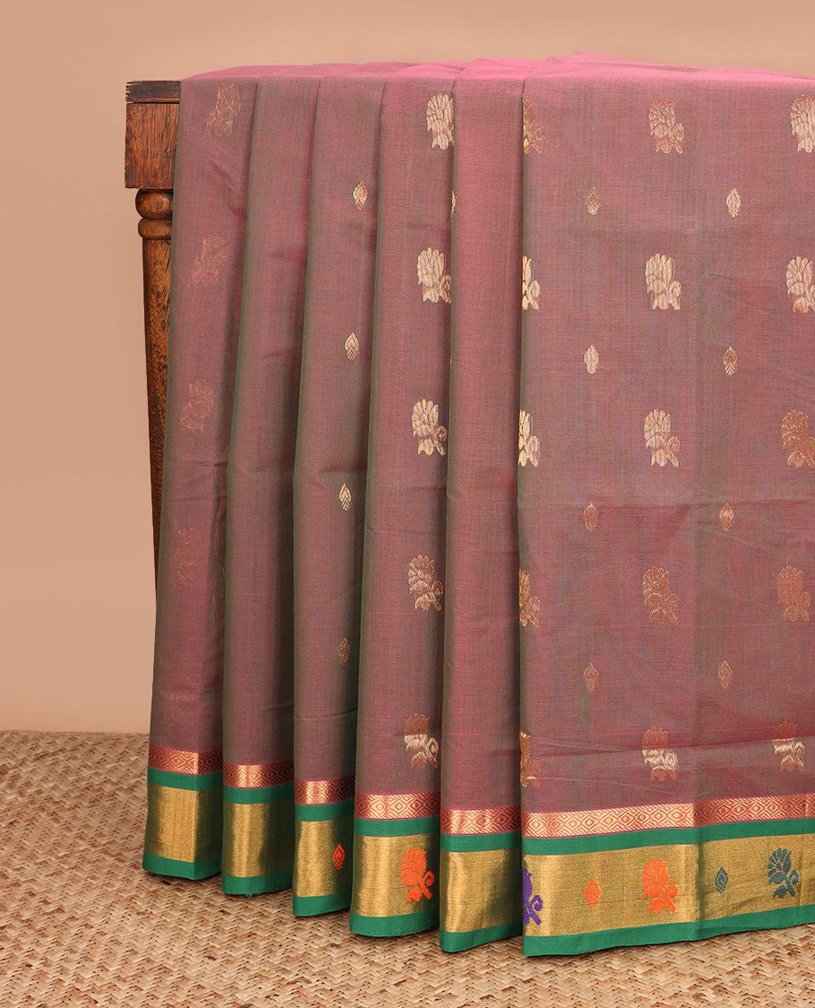 Light maroon dual-toned zari buttas Venkatagiri cotton saree, contrast zari and thread work border, and zari striped pallu
