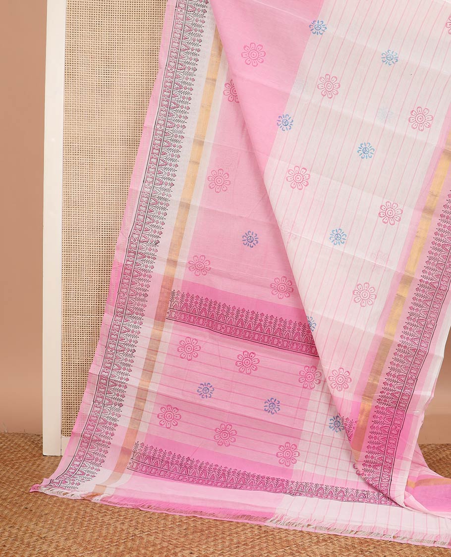 Pink striped and floral printed chirala cotton saree, printed border, and pallu of floral and checks