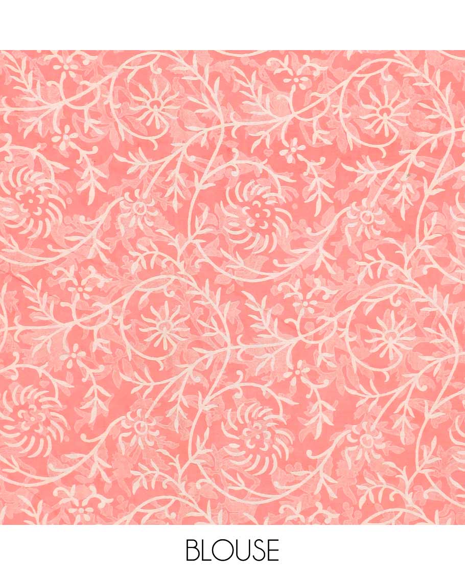 Peach floral vine machine-printed Kalamkari cotton saree, printed border, and intricately printed pallu