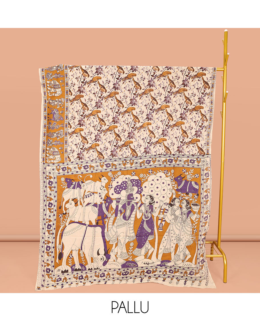 Light-Sandal Machine-Printed Kalamkari Cotton Saree, Elevated with Floral and Bird Motifs on Its Body, Complemented by a Contrast Border, Pallu of Radha Krishnan Motifs Print, and Paired with a Printed Blouse