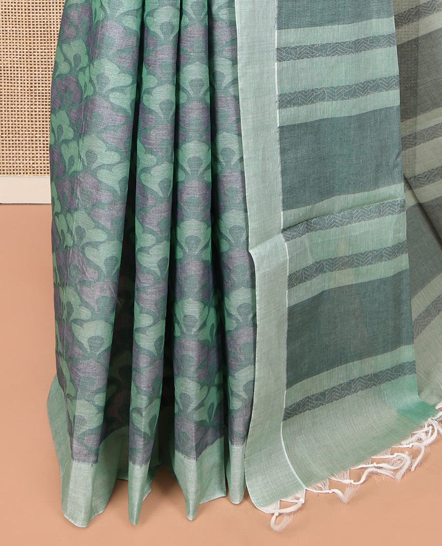 Grey Coimbatore Cotton Saree, Adorned with Scallop Design on Its Body, a Contrast Plain Border, Pallu of Floral Creeper, and Stripes, and Paired with Contrast Blouse