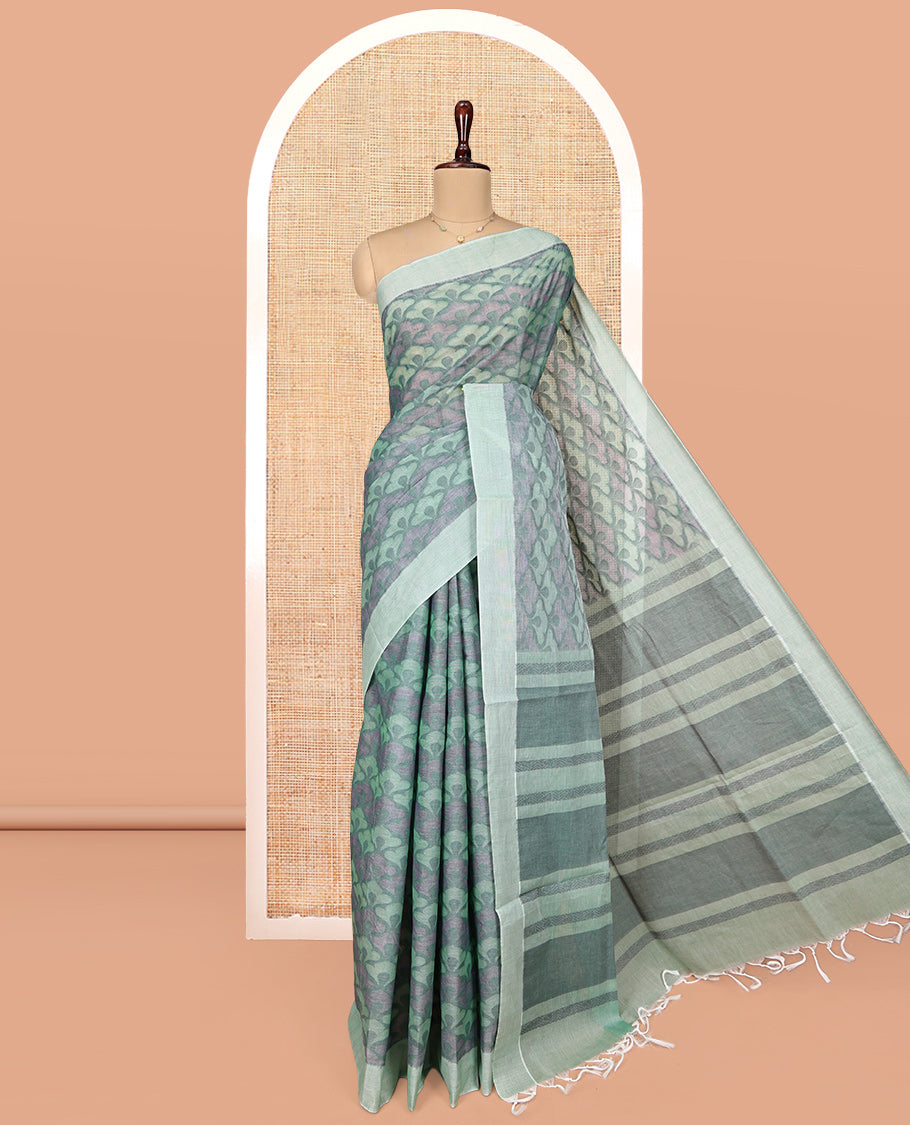Grey Coimbatore Cotton Saree, Adorned with Scallop Design on Its Body, a Contrast Plain Border, Pallu of Floral Creeper, and Stripes, and Paired with Contrast Blouse