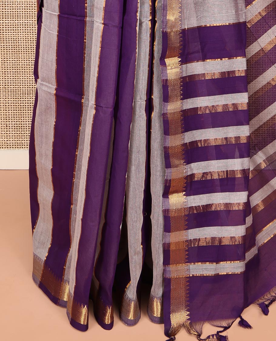 Violet-Grey Mangalgiri Cotton Saree, Gleamed Up with Stripes on Its Body, Complemented by Contrast Zari Temple Border, Zari-Striped Pallu, and Paired with a Matching Blouse