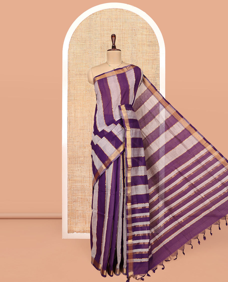 Violet-Grey Mangalgiri Cotton Saree, Gleamed Up with Stripes on Its Body, Complemented by Contrast Zari Temple Border, Zari-Striped Pallu, and Paired with a Matching Blouse